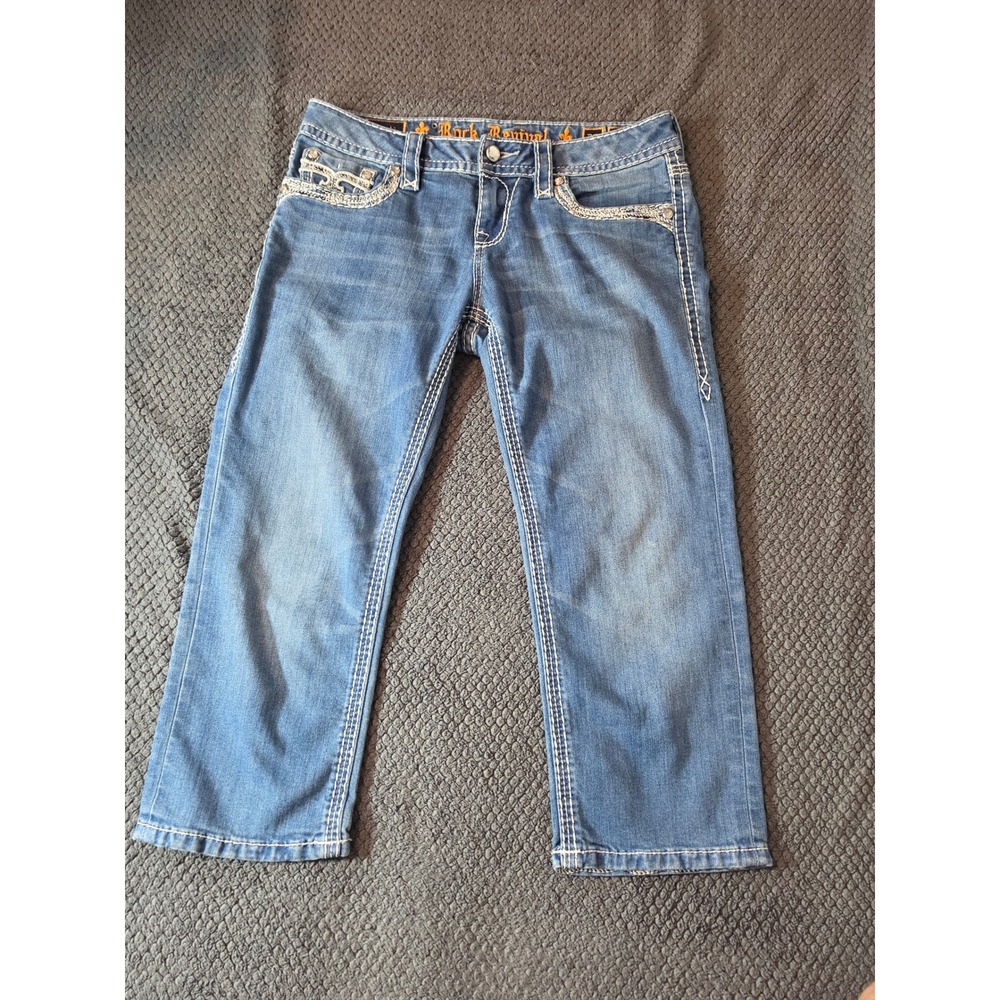 Rock Revival Women 28 Capri Jeans Embellished Fleur De Lis Medium Wash